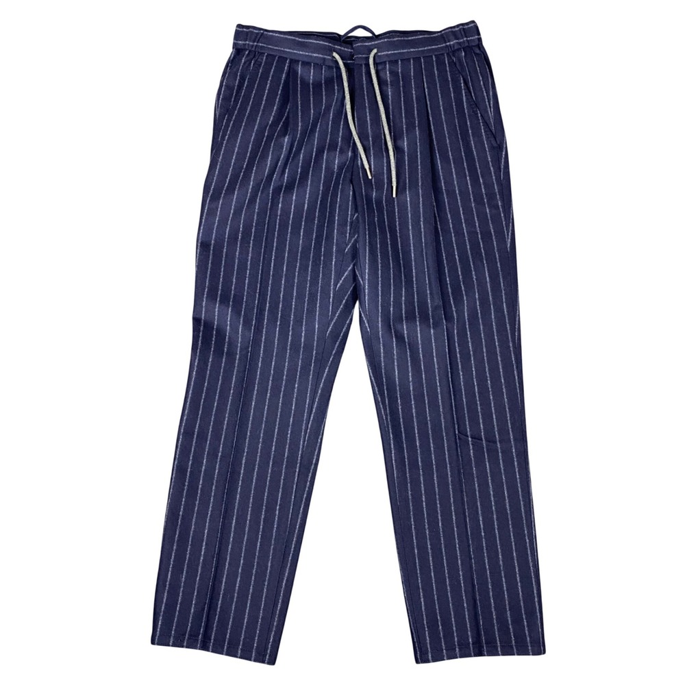 Suitsupply Ames Pleat Navy Pinstripe Wool Flannel Drawstring Trousers Mens 32 48